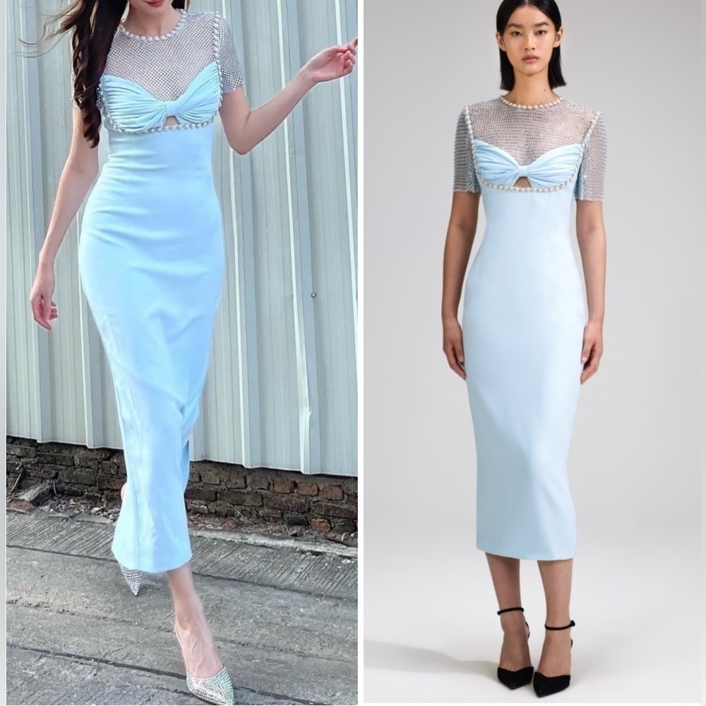Self-Portrait blue Crepe Diamante Midi Dress NWT